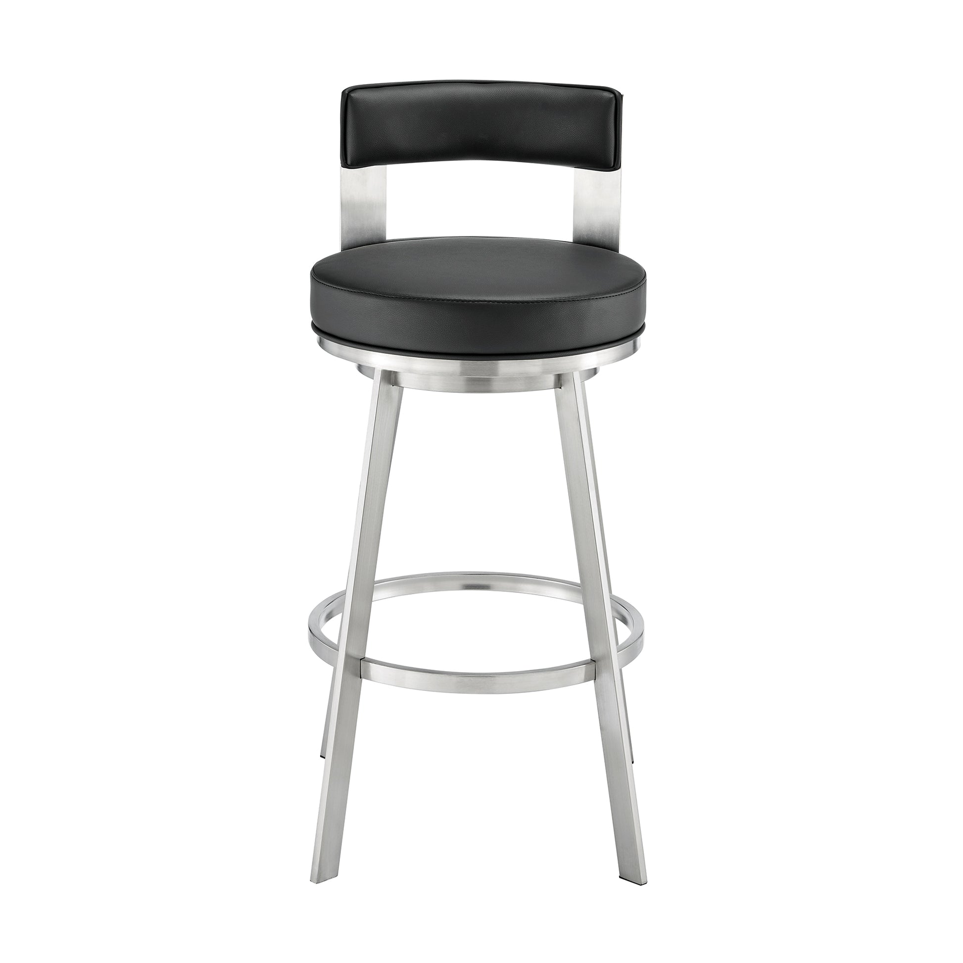 Lynof Swivel Bar Stool in Brushed Stainless Steel with Black Faux Leather By Armen Living | Bar Stools | Modishstore - 3