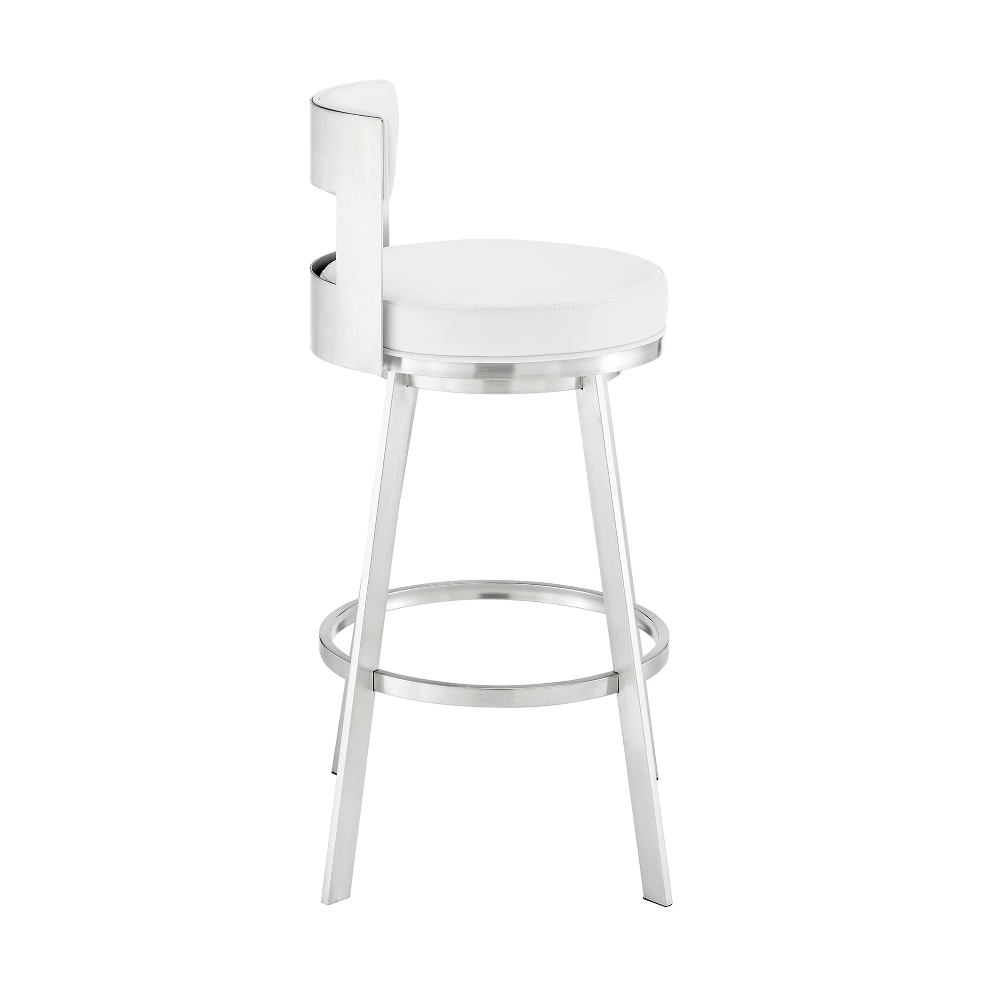 Lynof Swivel Bar Stool in Brushed Stainless Steel with White Faux Leather By Armen Living | Bar Stools | Modishstore - 4