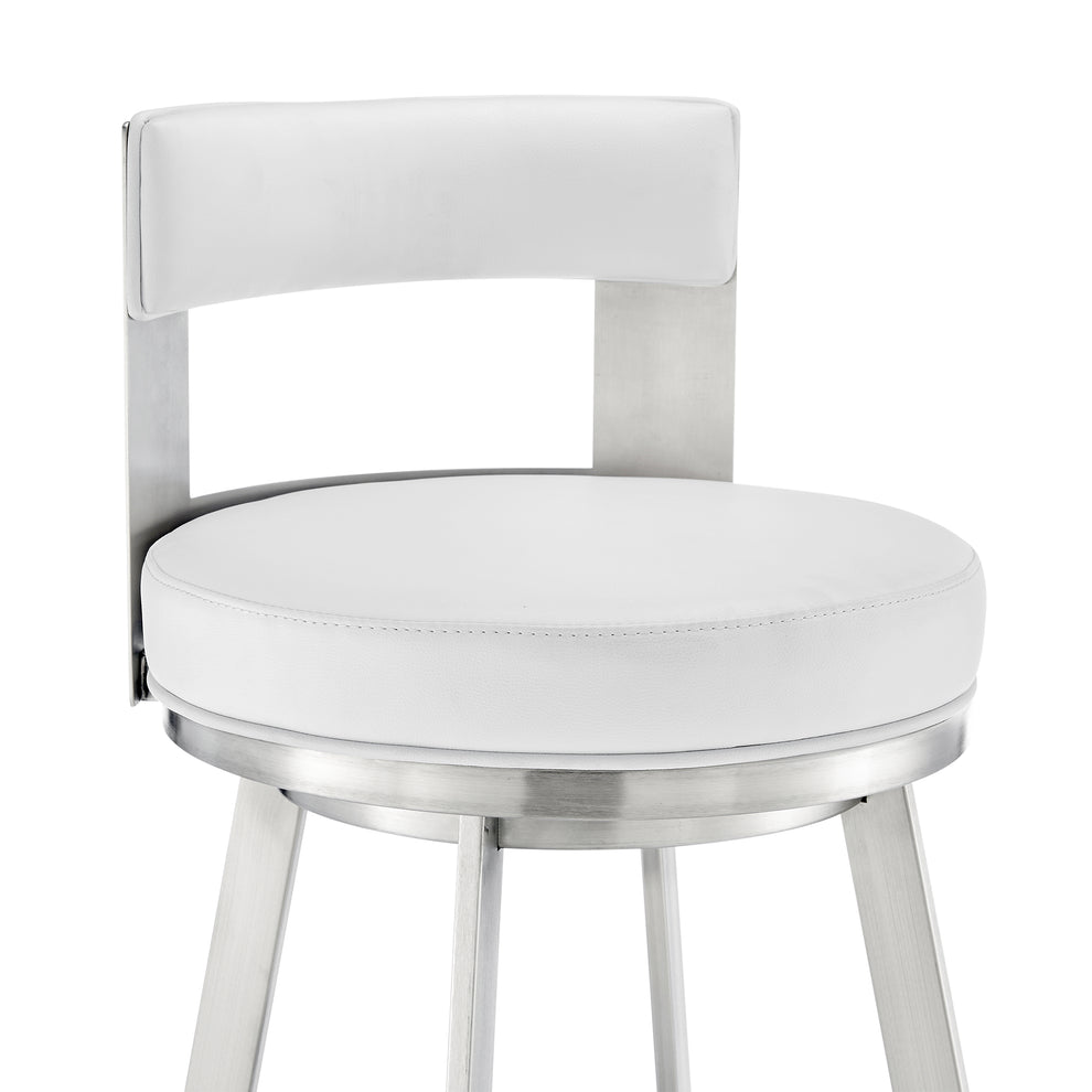 Lynof Swivel Bar Stool in Brushed Stainless Steel with White Faux Leather By Armen Living | Bar Stools | Modishstore - 7