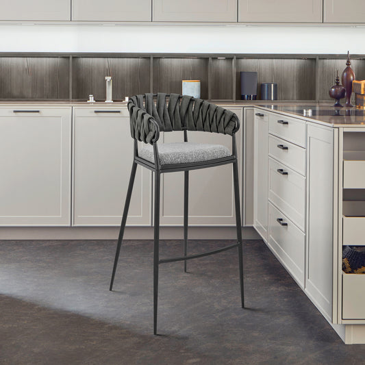 Vigona Bar Stool in Black Metal with Grey Fabric and Faux Leather By Armen Living | Bar Stools | Modishstore