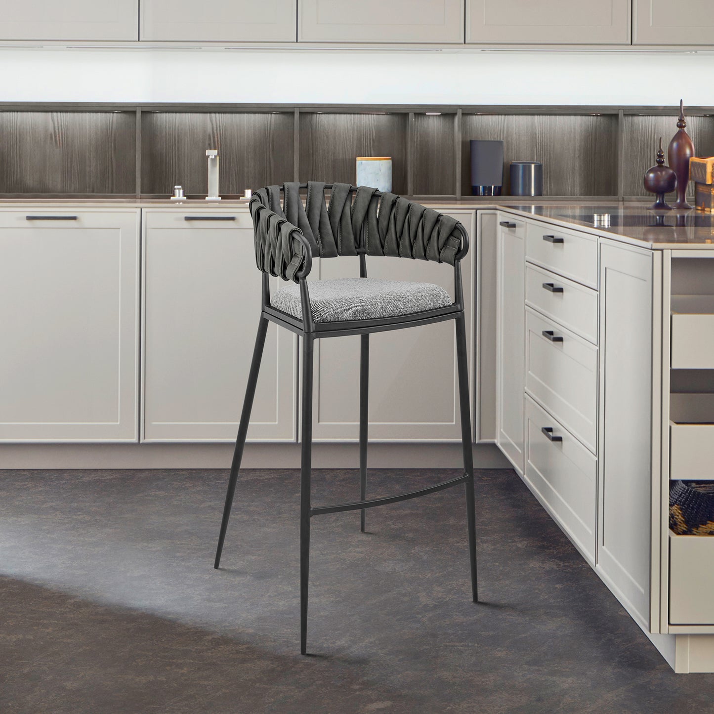 Vigona Counter Stool in Black Metal with Grey Fabric and Faux Leather By Armen Living | Counter Stools | Modishstore