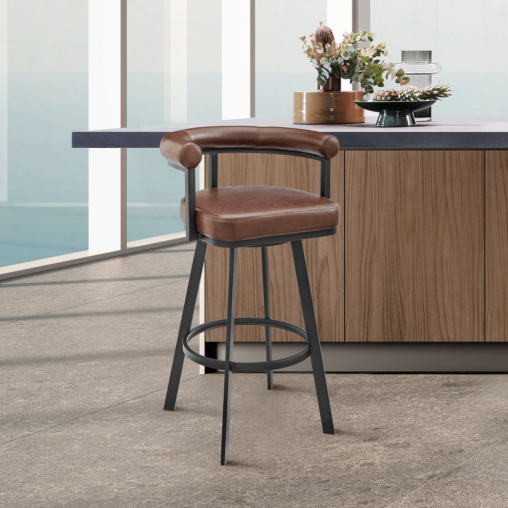 Nolagam Swivel Bar Stool in Black Metal with Brown Faux Leather By Armen Living | Bar Stools | Modishstore