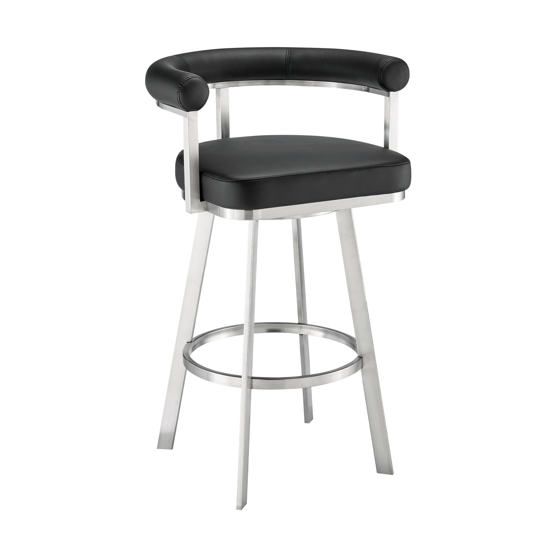 Nolagam Swivel Bar Stool in Brushed Stainless Steel with Black Faux Leather By Armen Living | Bar Stools | Modishstore - 2