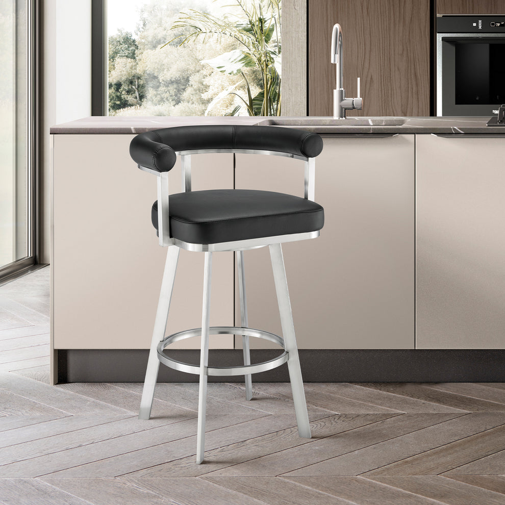 Nolagam Swivel Bar Stool in Brushed Stainless Steel with Black Faux Leather By Armen Living | Bar Stools | Modishstore