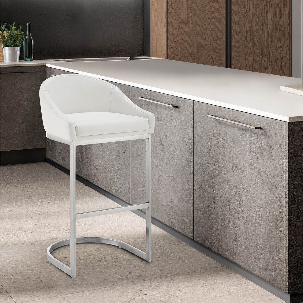 Atherik Counter Stool in Brushed Stainless Steel with White Faux Leather By Armen Living | Counter Stools | Modishstore