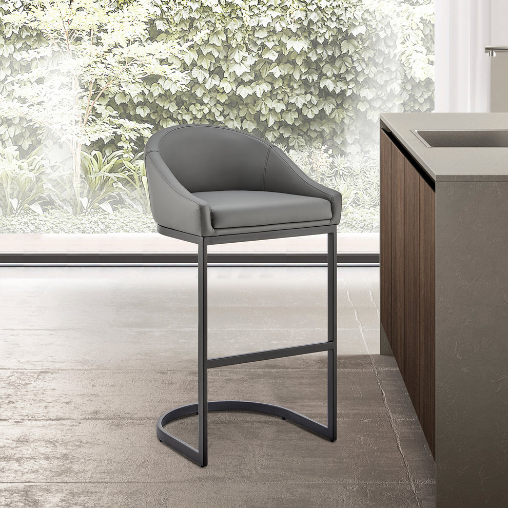 Atherik Counter Stool in Black Metal with Grey Faux Leather By Armen Living | Counter Stools | Modishstore