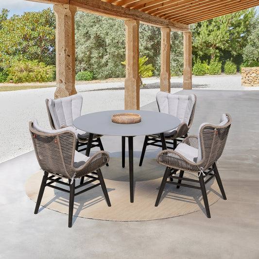 Sydney and Fanny 5 Piece Outdoor Patio Dining Set in Dark Eucalyptus Wood with Truffle Rope and Grey Cushions By Armen Living | Outdoor Dining Sets | Modishstore