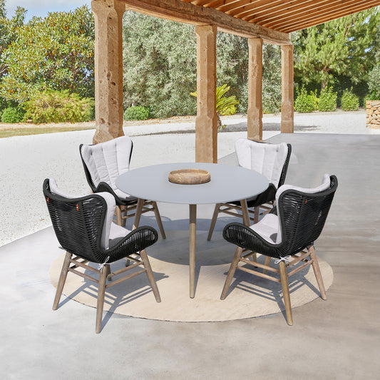 Sydney and Fanny 5 Piece Outdoor Patio Dining Set in Light Eucalyptus Wood with Charcoal Rope and Grey Cushions By Armen Living | Outdoor Dining Sets | Modishstore