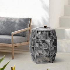 Emory Indoor Outdoor Garden Stool End Table in Grey Rope and Grey Stone By Armen Living
