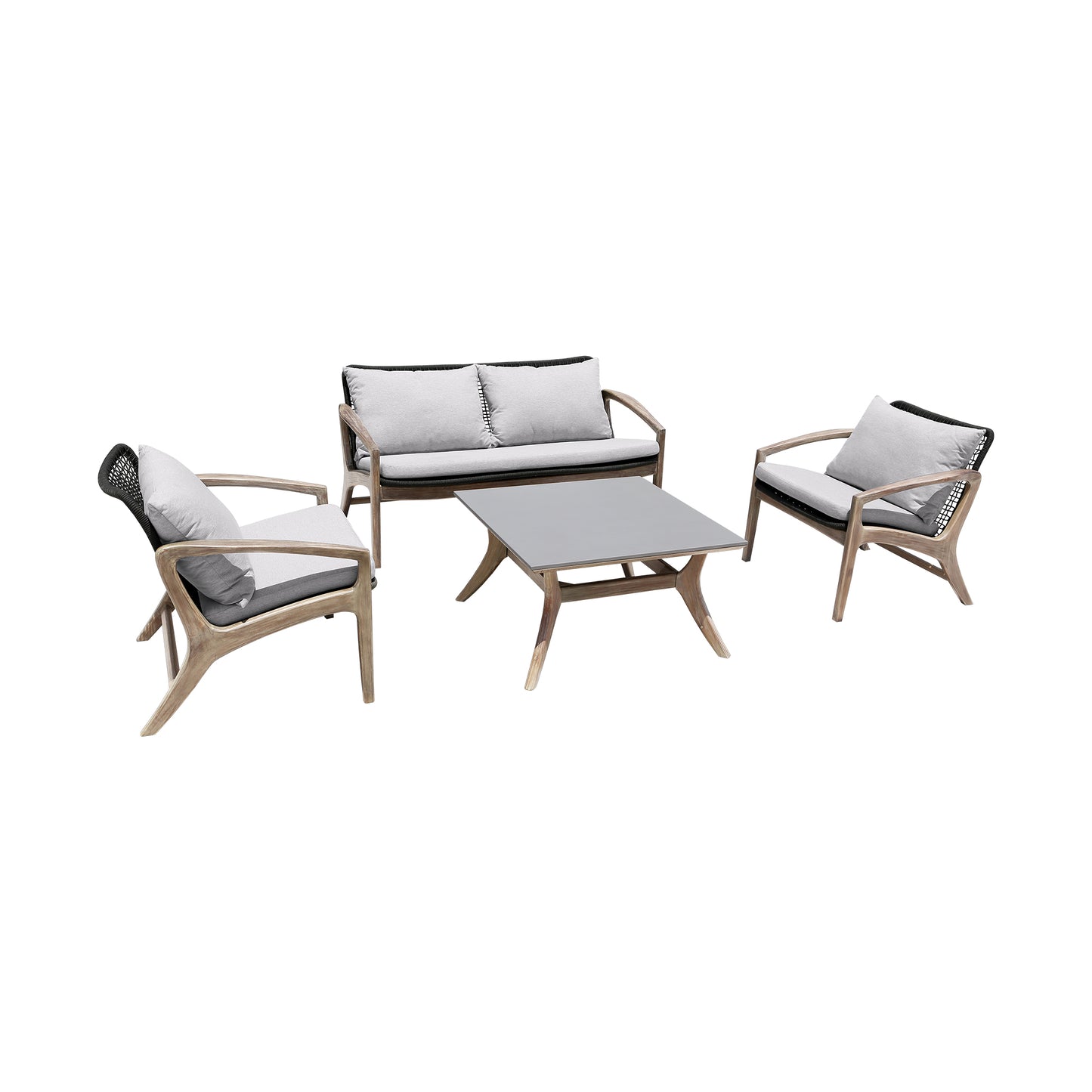 Brighton 4 Piece Outdoor Patio Seating Set in Light Eucalyptus Wood with Charocal Rope and White Cushions By Armen Living | Outdoor Sofas, Loveseats & Sectionals | Modishstore - 2