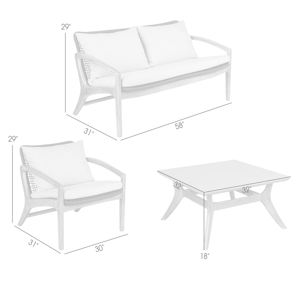 Brighton 4 Piece Outdoor Patio Seating Set in Light Eucalyptus Wood with Charocal Rope and White Cushions By Armen Living | Outdoor Sofas, Loveseats & Sectionals | Modishstore - 9