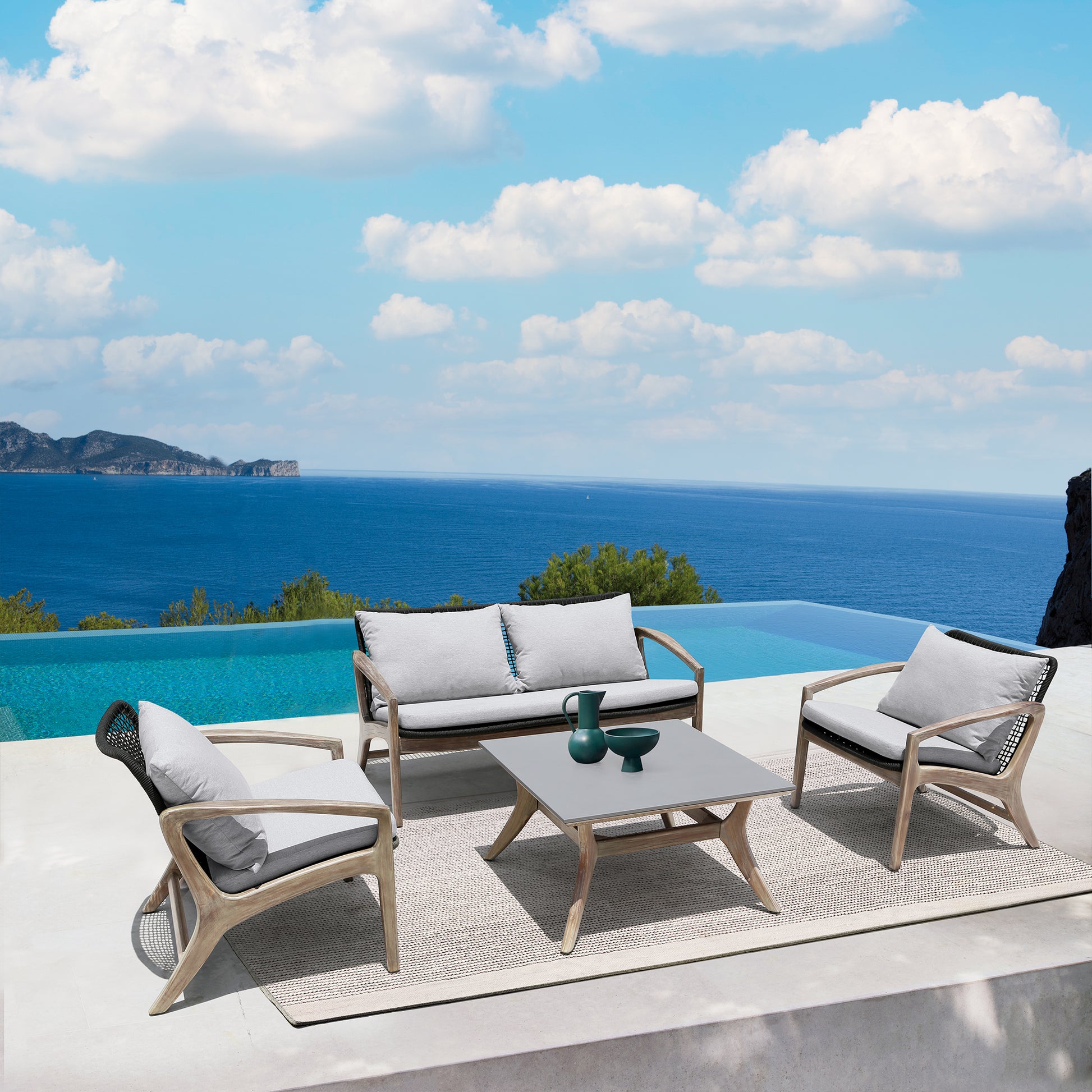 Brighton 4 Piece Outdoor Patio Seating Set in Light Eucalyptus Wood with Charocal Rope and White Cushions By Armen Living | Outdoor Sofas, Loveseats & Sectionals | Modishstore