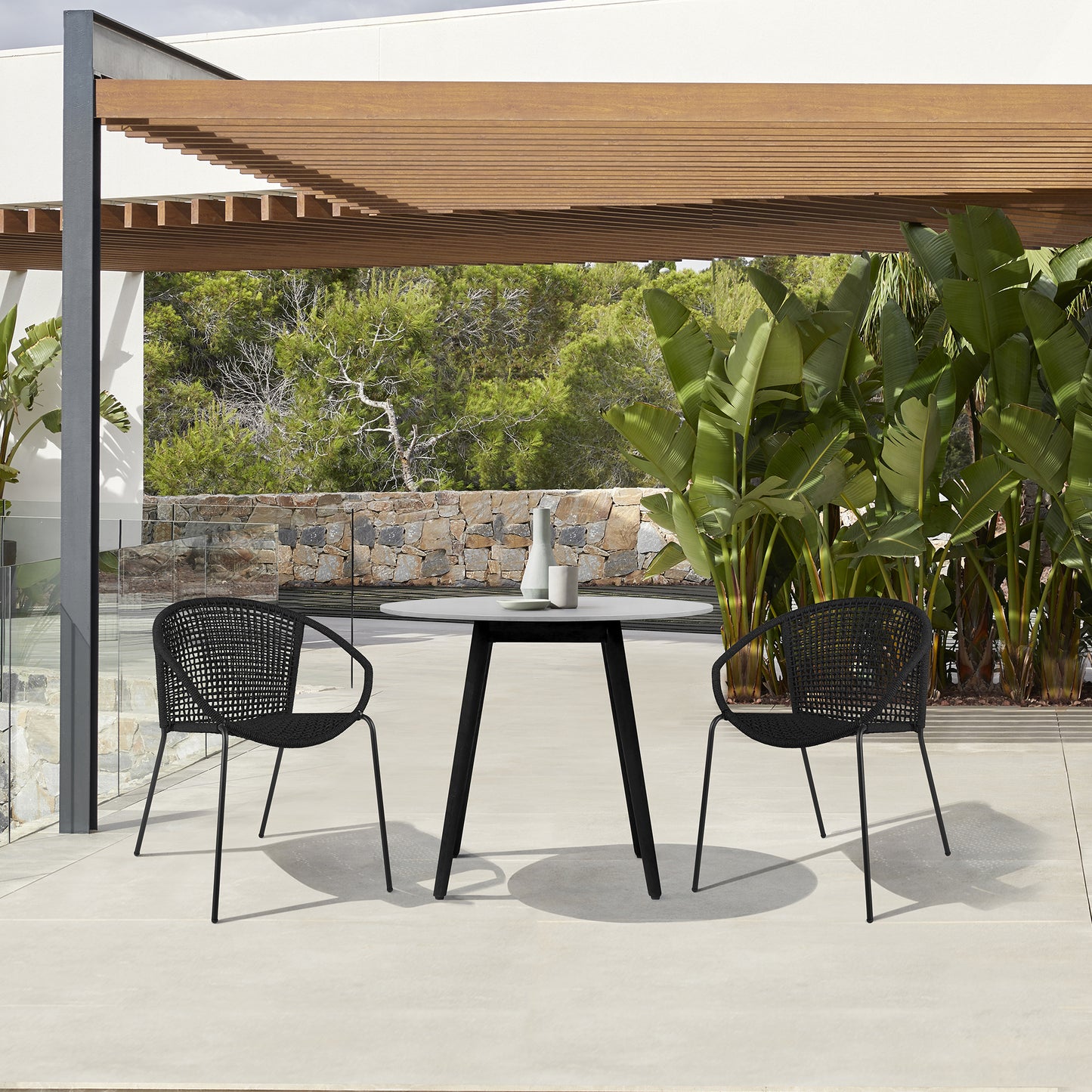 Sydney and Snack 3 Piece Outdoor Patio 36" Dining Set in Black Eucalyptus Wood and Black Rope By Armen Living | Outdoor Dining Sets | Modishstore