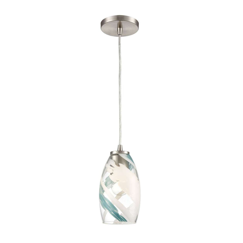 Turbulence 1-Light Mini Pendant in Satin Nickel with Clear Glass with Aqua Blue and White Swirls ELK Lighting | Pendant Lamp | Modishstore