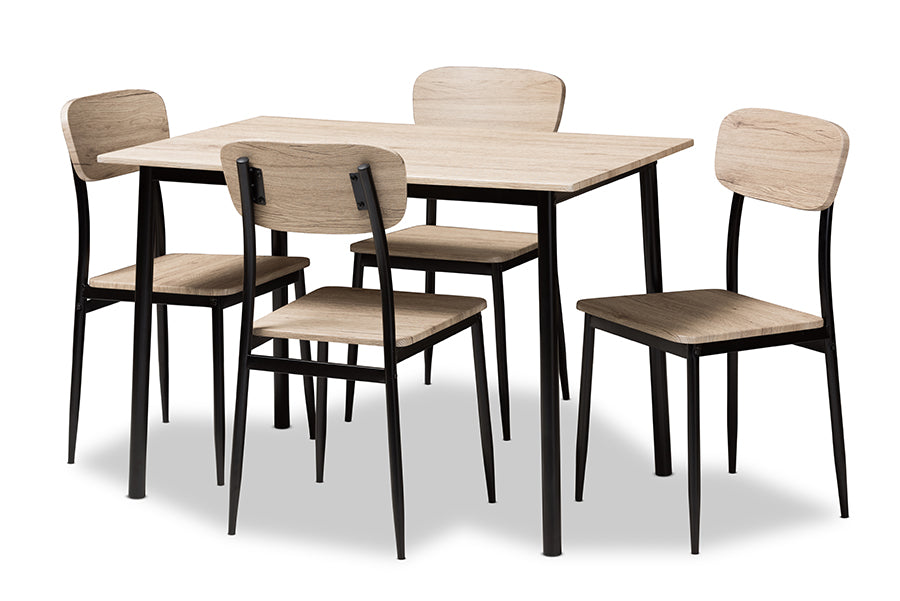 baxton studio honore mid century modern light brown wood finished matte black frame 5 piece dining set | Modish Furniture Store-2
