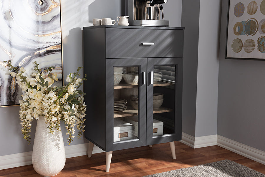 Baxton Studio Jonas Modern and Contemporary Dark Grey and Oak Brown Finished Kitchen Cabinet | Modishstore | Cabinets