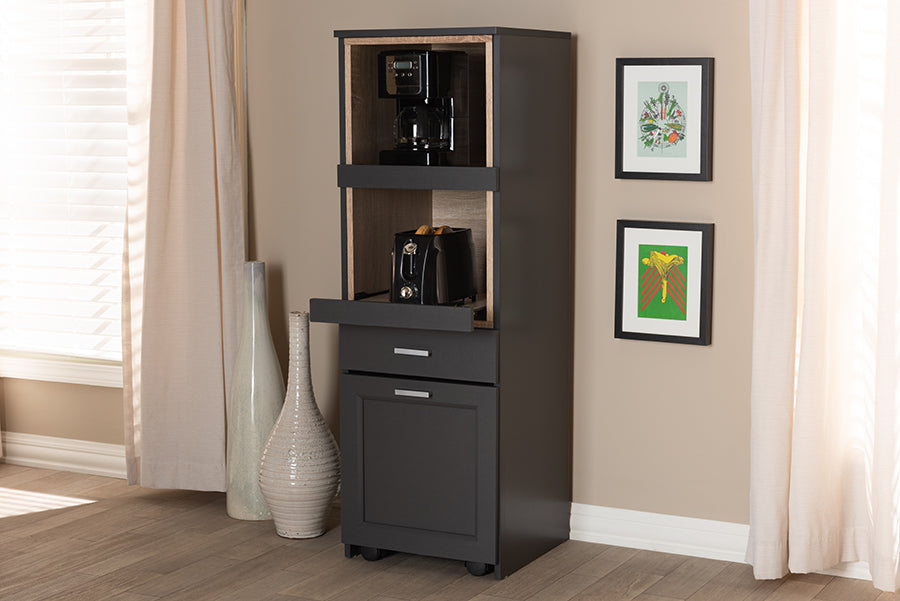 Baxton Studio Fabian Modern and Contemporary Dark Grey and Oak Brown Finished Kitchen Cabinet with Roll-Out Compartment | Modishstore | Cabinets