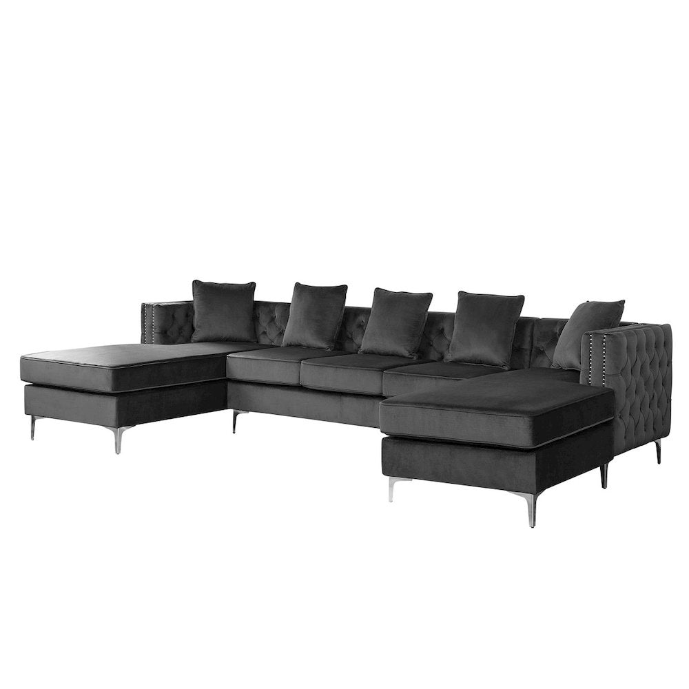 Ryan Dark Gray Velvet Double Chaise Sectional Sofa with Nail-Head Trim By Lilola Home | Sofas | Modishstore