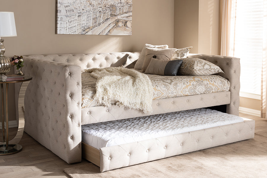 Baxton Studio Anabella Modern and Contemporary Light Beige Fabric Upholstered Queen Size Daybed with Trundle | Modishstore | Daybeds