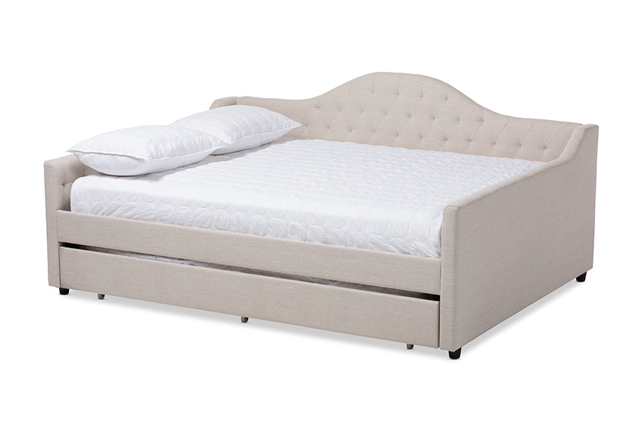 baxton studio eliza modern and contemporary light beige fabric upholstered full size daybed with trundle | Modish Furniture Store-2