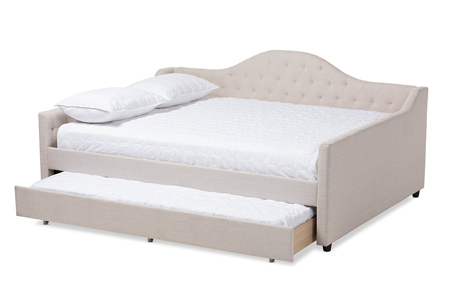 baxton studio eliza modern and contemporary light beige fabric upholstered queen size daybed with trundle | Modish Furniture Store-3