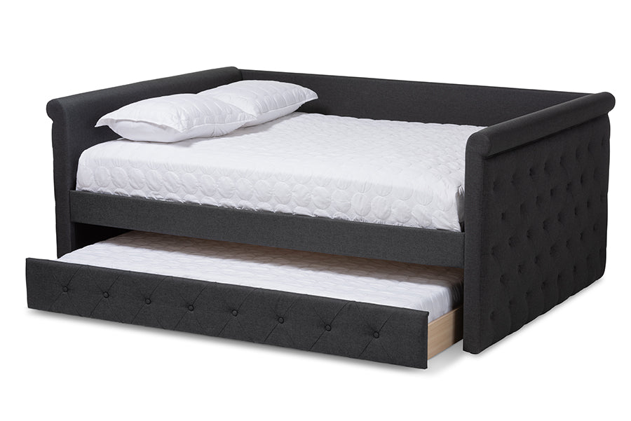 baxton studio alena modern and contemporary dark grey fabric upholstered full size daybed with trundle | Modish Furniture Store-3