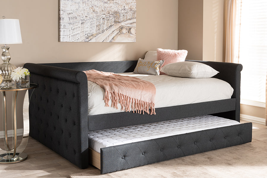 Baxton Studio Alena Modern and Contemporary Dark Grey Fabric Upholstered Queen Size Daybed with Trundle | Modishstore | Daybeds