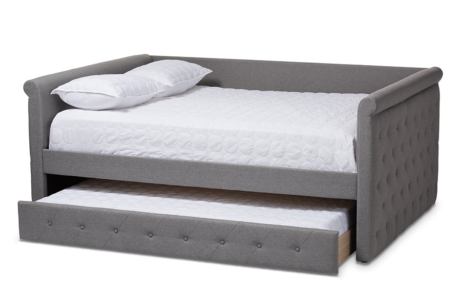 baxton studio alena modern and contemporary grey fabric upholstered queen size daybed with trundle | Modish Furniture Store-3