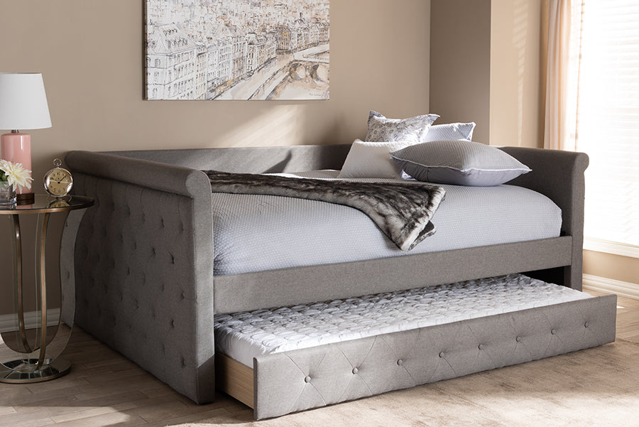 Baxton Studio Alena Modern and Contemporary Grey Fabric Upholstered Full Size Daybed with Trundle | Modishstore | Daybeds