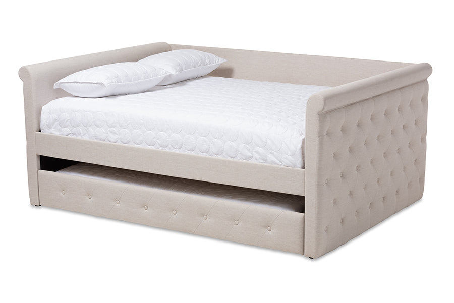baxton studio alena modern and contemporary light beige fabric upholstered queen size daybed with trundle | Modish Furniture Store-2