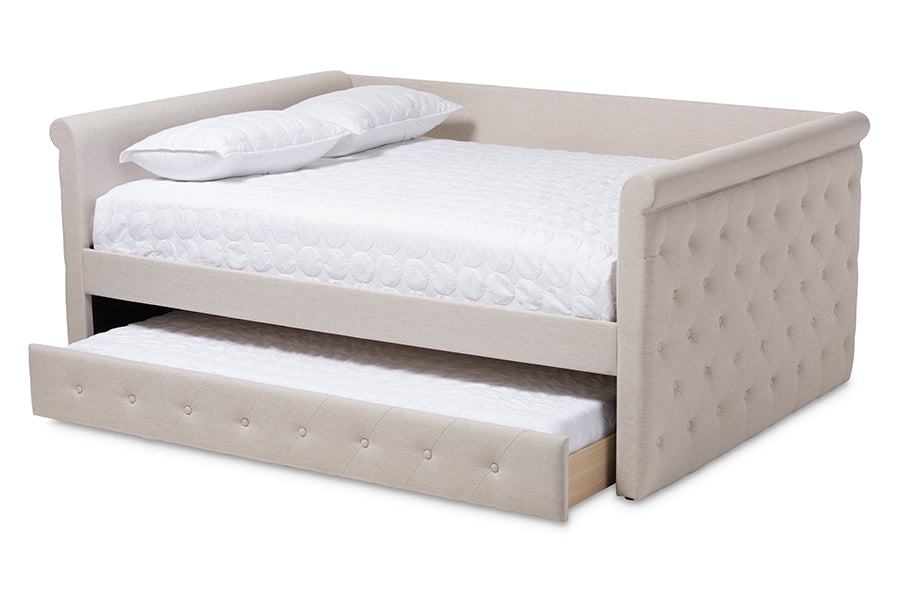 baxton studio alena modern and contemporary light beige fabric upholstered queen size daybed with trundle | Modish Furniture Store-3