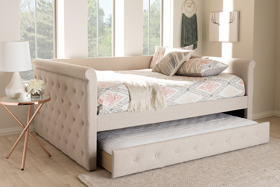 Baxton Studio Alena Modern and Contemporary Light Beige Fabric Upholstered Full Size Daybed with Trundle | Modishstore | Daybeds