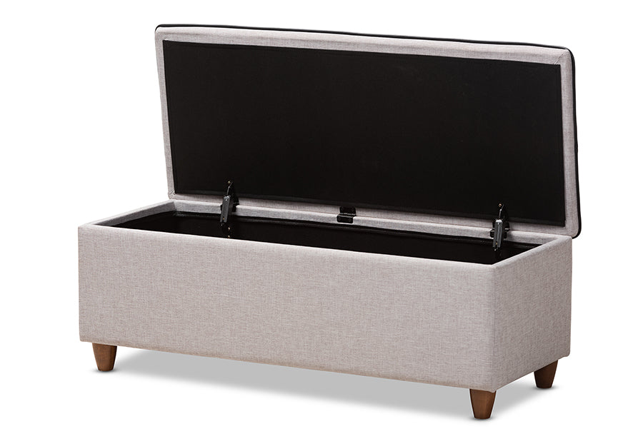 baxton studio marlisa mid century modern walnut finished wood and greyish beige fabric upholstered button tufted storage ottoman bench | Modish Furniture Store-3