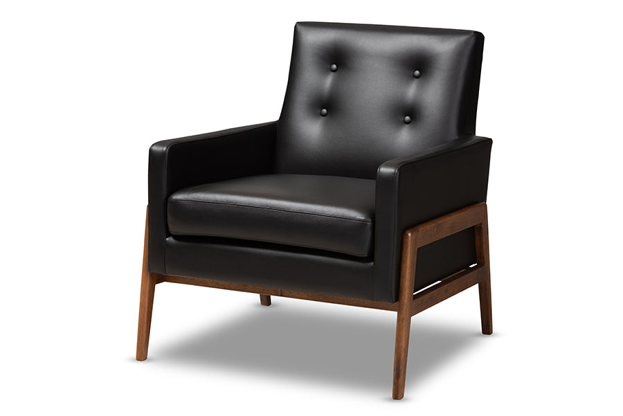 baxton studio perris mid century modern black faux leather upholstered walnut wood lounge chair | Modish Furniture Store-2