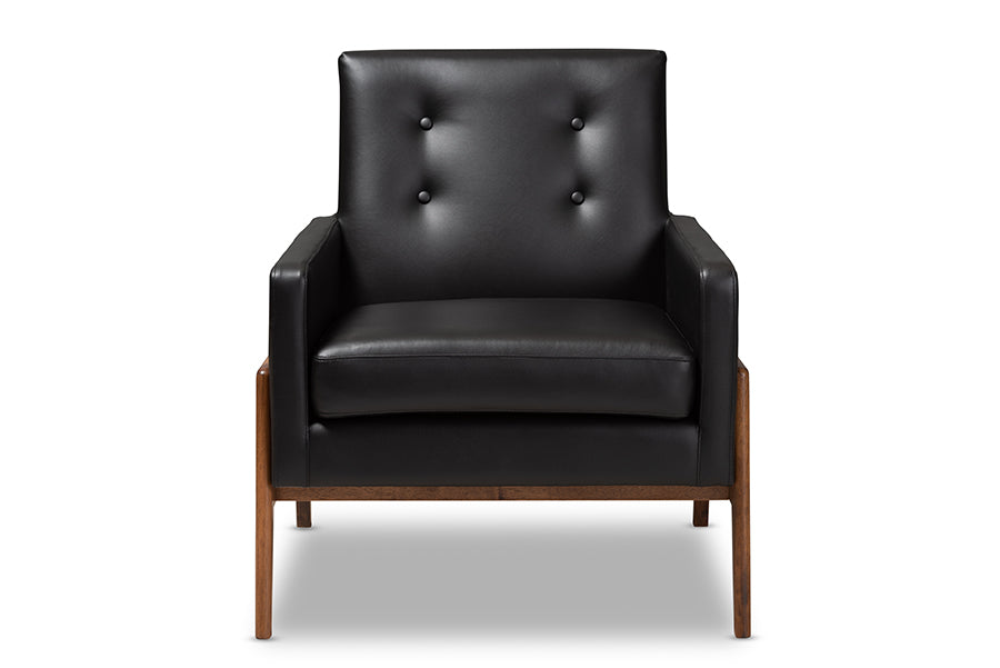 baxton studio perris mid century modern black faux leather upholstered walnut wood lounge chair | Modish Furniture Store-3