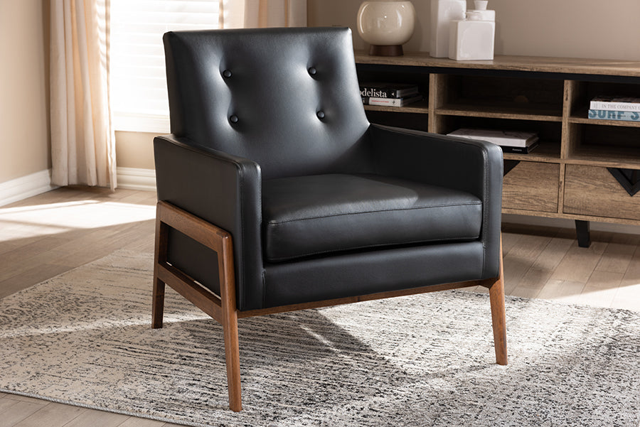 Baxton Studio Perris Mid-Century Modern Black Faux Leather Upholstered Walnut Wood Lounge Chair | Modishstore | Lounge Chairs