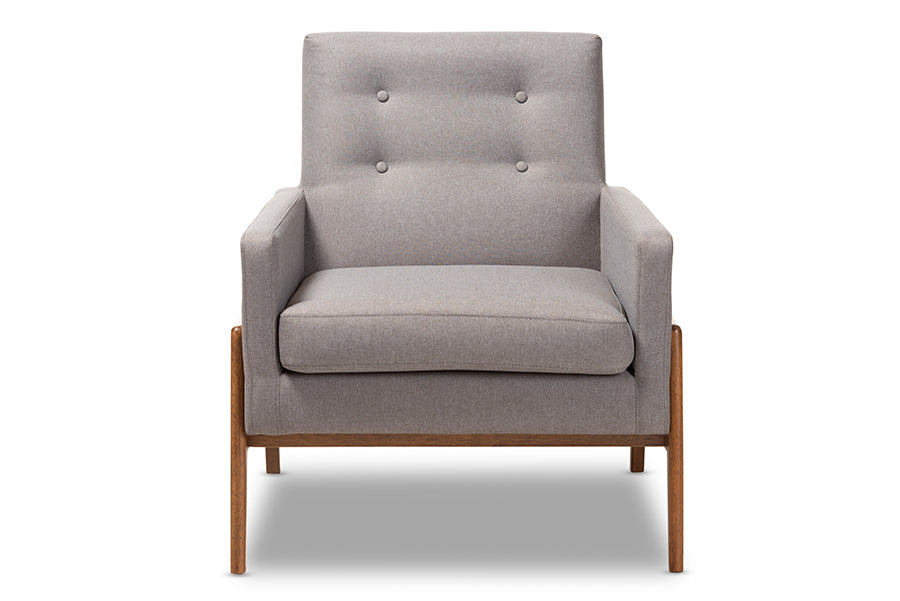baxton studio perris mid century modern grey fabric upholstered walnut wood lounge chair | Modish Furniture Store-3