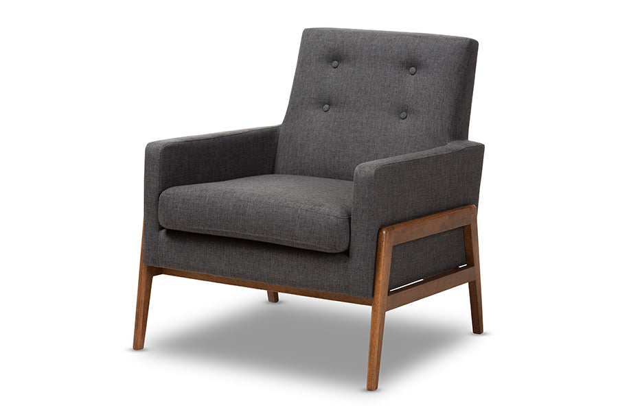baxton studio perris mid century modern dark grey fabric upholstered walnut wood lounge chair | Modish Furniture Store-2