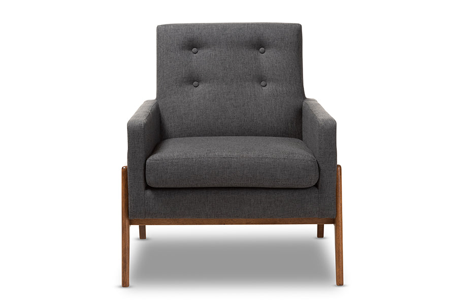baxton studio perris mid century modern dark grey fabric upholstered walnut wood lounge chair | Modish Furniture Store-3