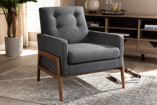 Baxton Studio Perris Mid-Century Modern Dark Grey Fabric Upholstered Walnut Wood Lounge Chair | Modishstore | Lounge Chairs