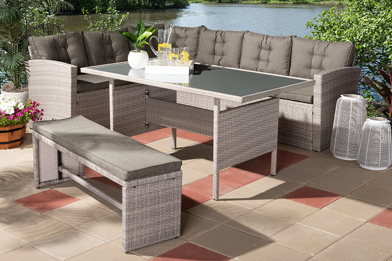 Baxton Studio Eneas Modern and Contemporary Dark Grey Fabric Upholstered and Grey Rattan 3-Piece Outdoor Patio Lounge Corner Sofa Set | Modishstore | Outdoor Sofas, Loveseats & Sectionals