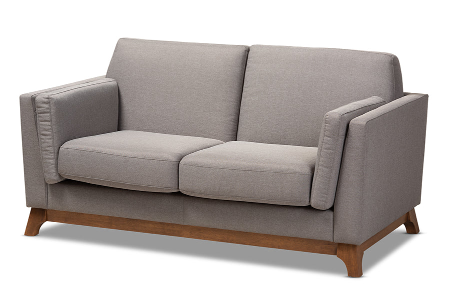 baxton studio sava mid century modern grey fabric upholstered walnut wood 2 seater loveseat | Modish Furniture Store-2