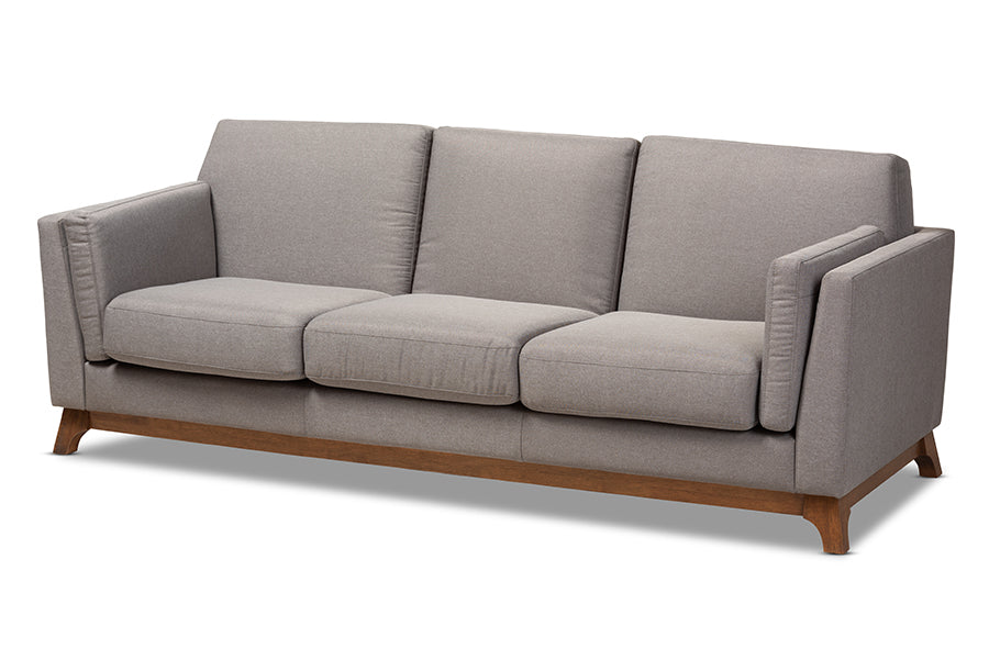 baxton studio sava mid century modern grey fabric upholstered walnut wood 3 seater sofa | Modish Furniture Store-2