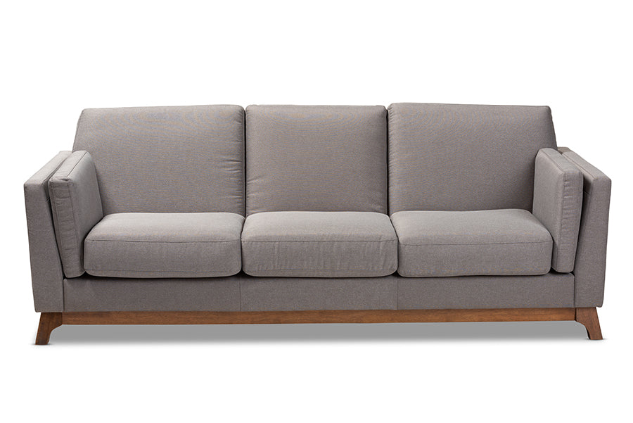 baxton studio sava mid century modern grey fabric upholstered walnut wood 3 seater sofa | Modish Furniture Store-3