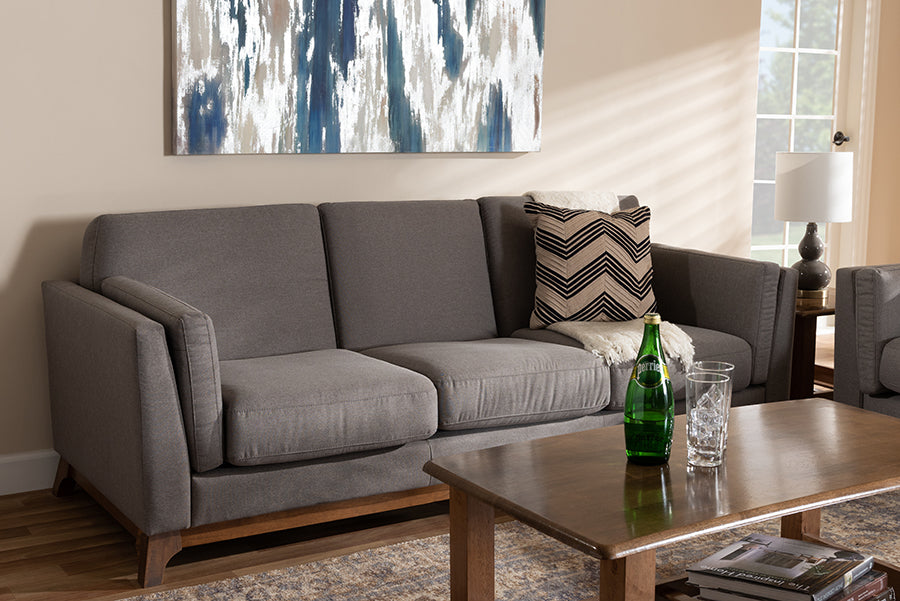 Baxton Studio Sava Mid-Century Modern Grey Fabric Upholstered Walnut Wood 3-Seater Sofa | Modishstore | Sofas