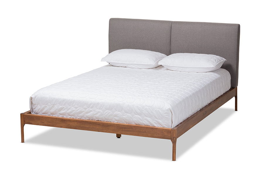 baxton studio aveneil mid century modern grey fabric upholstered walnut finished full size platform bed | Modish Furniture Store-2