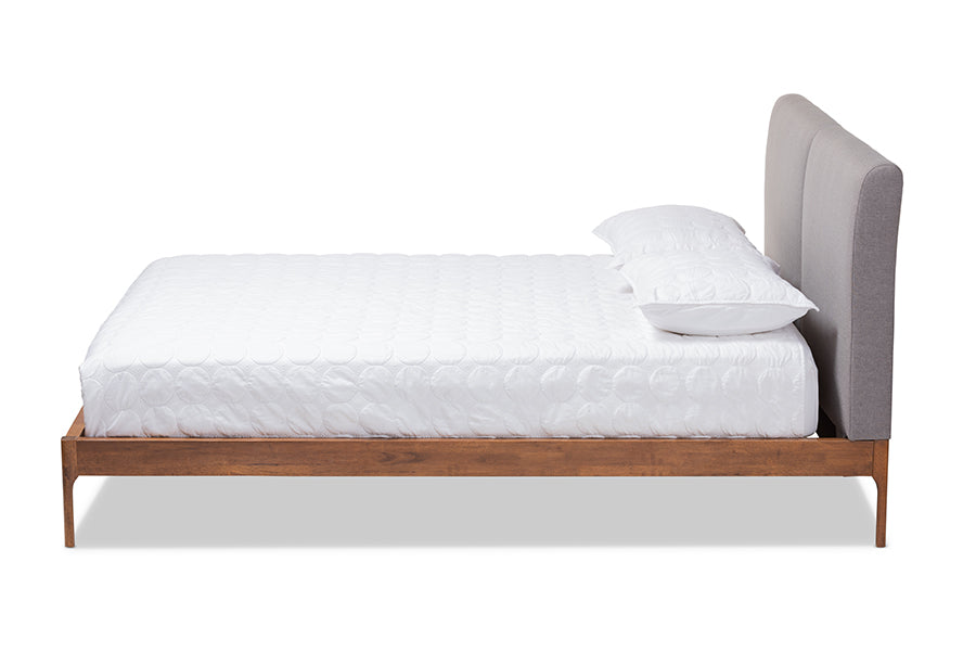 baxton studio aveneil mid century modern grey fabric upholstered walnut finished queen size platform bed | Modish Furniture Store-3