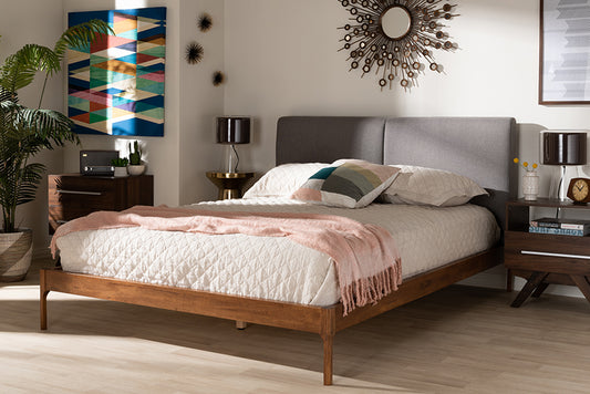 Baxton Studio Aveneil Mid-Century Modern Grey Fabric Upholstered Walnut Finished Queen Size Platform Bed | Modishstore | Beds