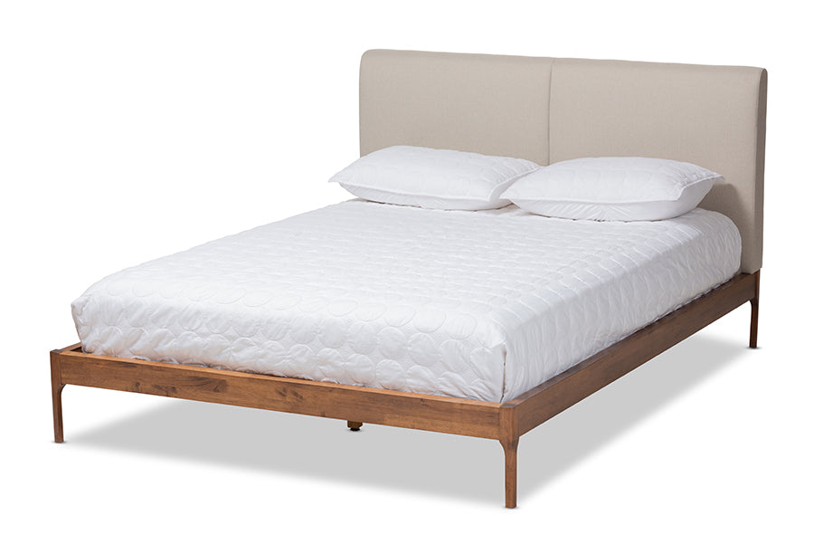 baxton studio aveneil mid century modern beige fabric upholstered walnut finished queen size platform bed | Modish Furniture Store-2