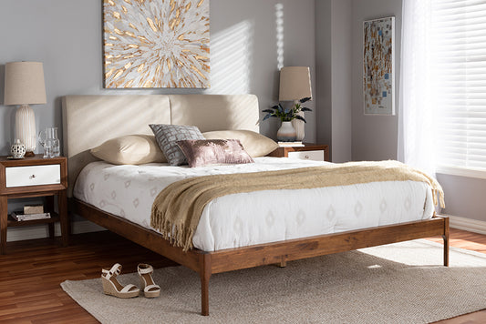 Baxton Studio Aveneil Mid-Century Modern Beige Fabric Upholstered Walnut Finished Queen Size Platform Bed | Modishstore | Beds